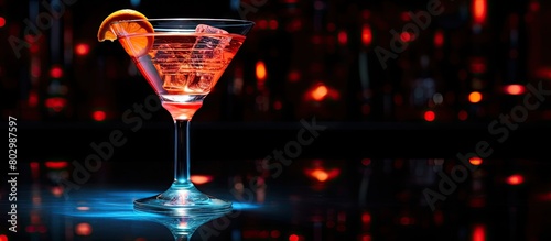 A cocktail sits on a black ...