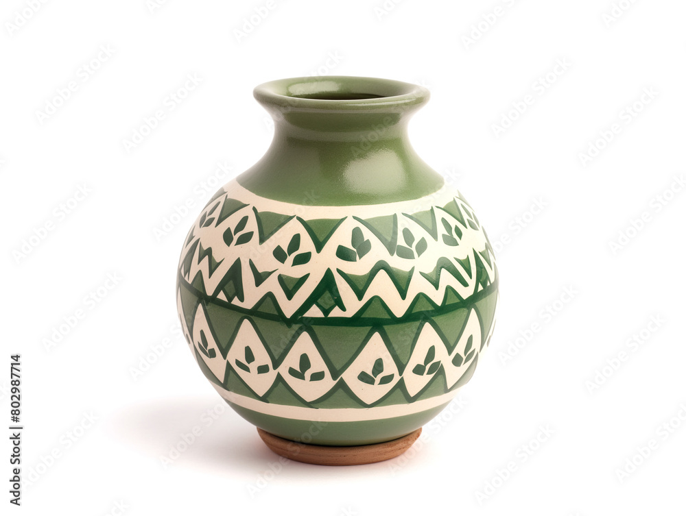 Handmade ceramic vase with geometric patterns Isolated on white background
