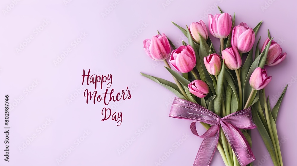a bunch of tulips tied with a ribbon bow, light purple color background with the text 