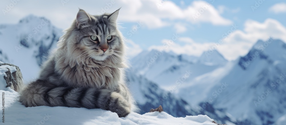 A cat sits in the snow covered mountains during the winter copy space image