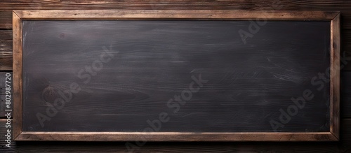 A blackboard with a piece of chalk set against a rustic brown wooden backdrop provides ample copy space for writing or drawing