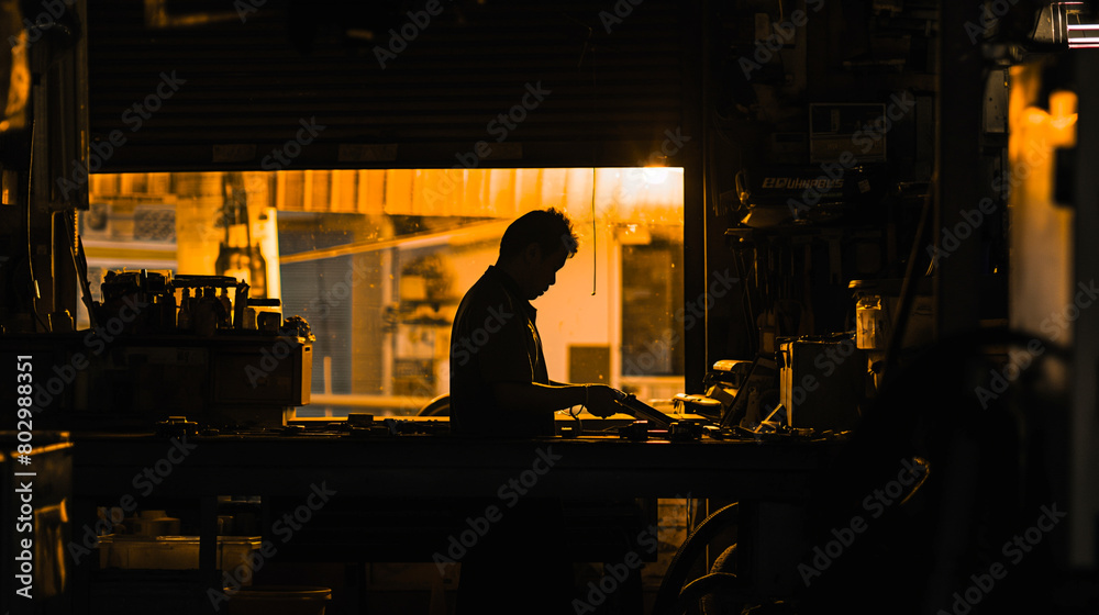 Silhouette of a Mechanic Working at Sunset. Silhouetted mechanic working diligently in a workshop illuminated by the warm glow of a sunset streaming through the window. Silhouette of a Mechanic Working at Sunset. Silhouetted mechanic working diligently in a workshop illuminated by the warm glow of a sunset streaming through the window.