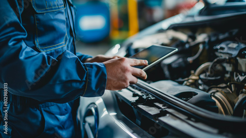 Mechanic Using Digital Tablet for Car Diagnostics. Professional mechanic consulting a digital tablet while performing diagnostics on a car engine in an automotive workshop. photo