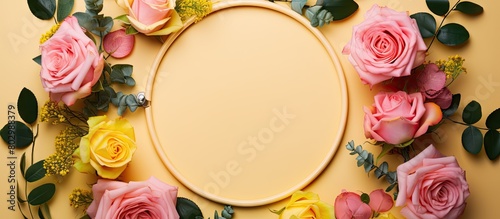 A colorful round frame with a floral pattern of pink and beige roses accompanied by green leaves and a film camera on a vibrant yellow background This Valentine s Day background is presented in a fla photo