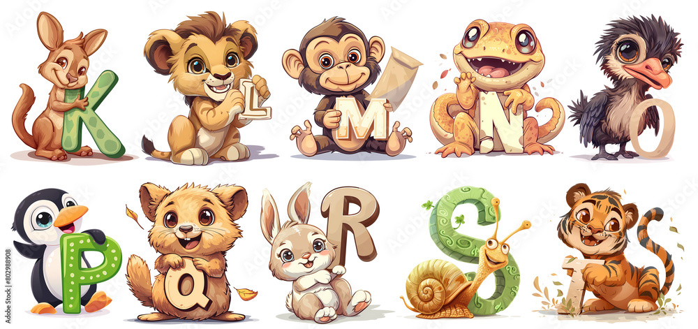 Fototapeta premium Cute animal alphabet Clipart abc Bundle a - j, png, generated ai