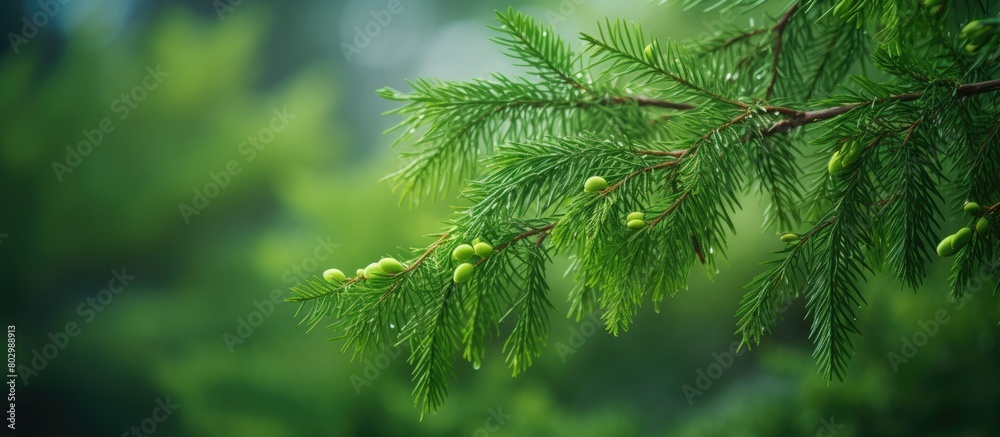 A copy space image showcases the exquisite green leaves of evergreen Thuja trees against a vibrant green backdrop featuring small cones dangling from the branches A copy space image showcases the exquisite green leaves of evergreen Thuja trees against a vibrant green backdrop featuring small cones dangling from the branches