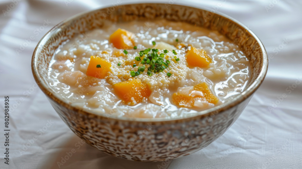 Traditional malaysian porridge topped with sweet potato cubes and sesame seeds, served in a rustic ceramic bowl Traditional malaysian porridge topped with sweet potato cubes and sesame seeds, served in a rustic ceramic bowl