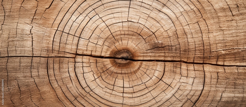 Naklejka premium A copy space image of a textured wood background displaying a top cut of a tree trunk with rings and a rough surface