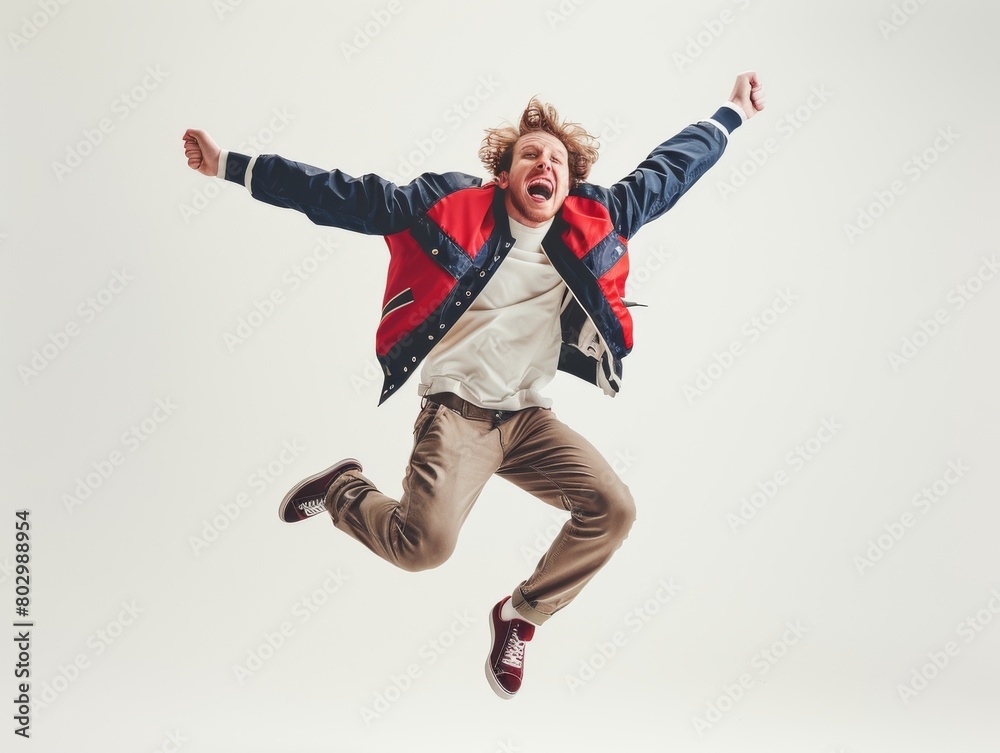 Obraz premium Energetic Leap: Occidental Man in Baseball Jacket, White Background