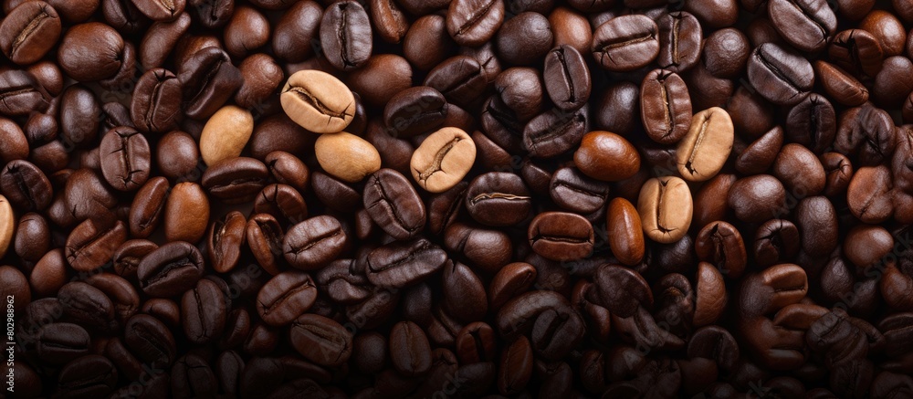 Naklejka premium A close up view of a background with roasted coffee beans showing a mixture of various types of coffee beans The image has copy space