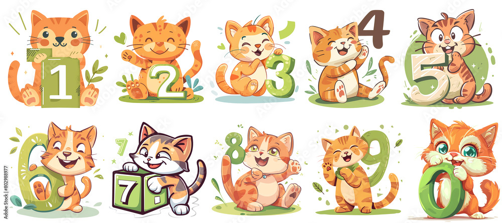 Cute cat numbers Clipart Bundle Illustration, png, generated ai