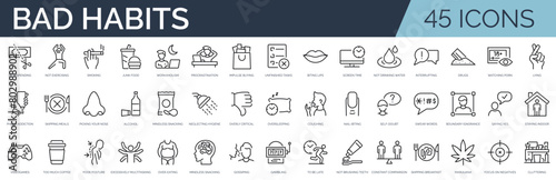 Set of 45 outline icons related to bad habits. Linear icon collection. Editable stroke. Vector illustration