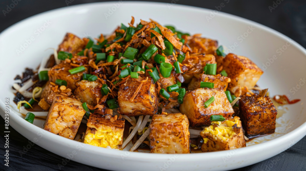 Authentic malaysian tofu stir-fry, garnished with green onions, chili, and bean sprouts, served in a white bowl on a dark background