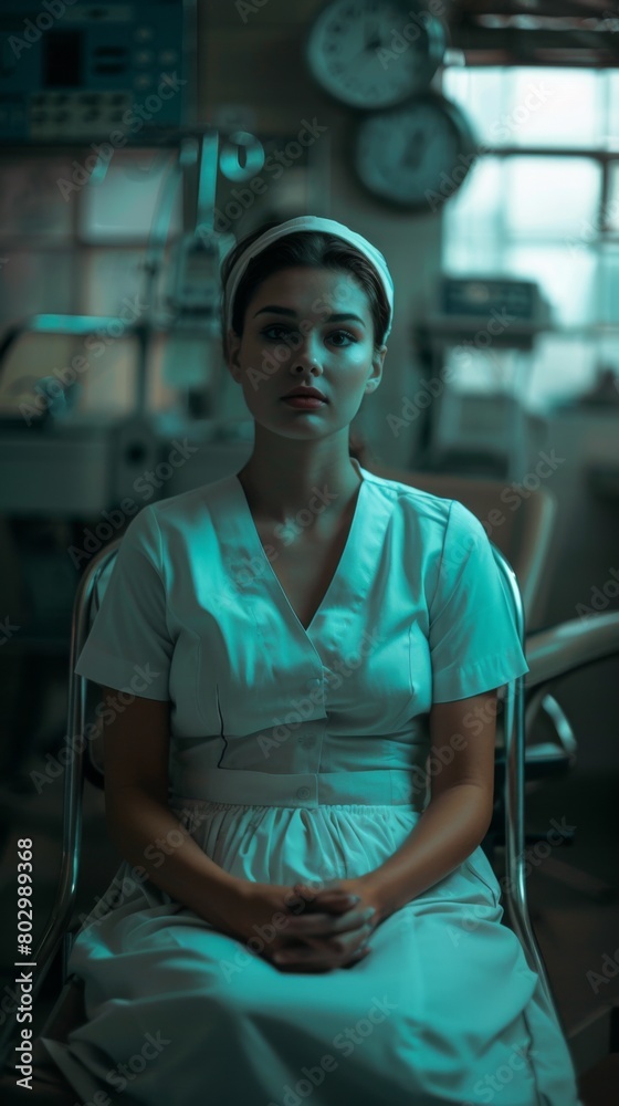 A woman wearing a hospital gown sits in a chair A woman wearing a hospital gown sits in a chair