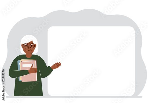 The woman holds many books. Nearby is a large white poster for your text. Vector flat illustration.
