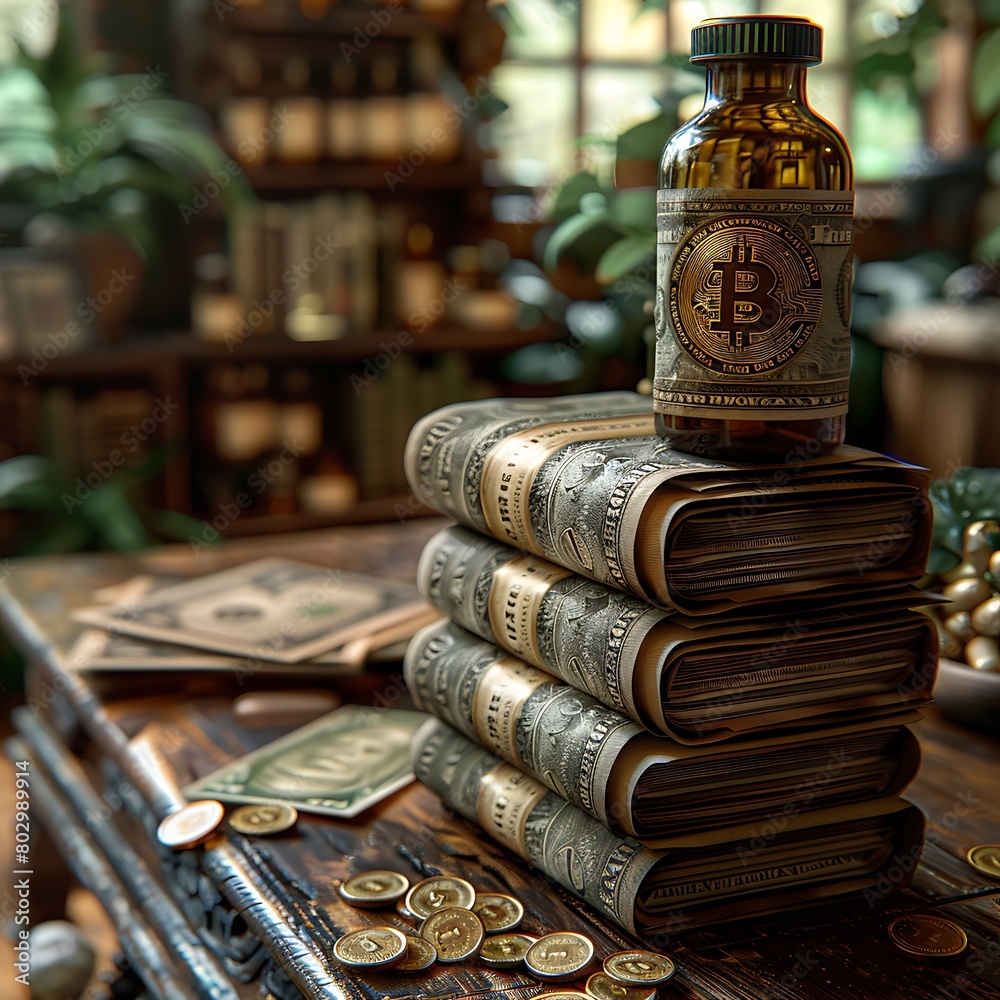 A stack of money with a bitcoin on top, next to a bottle of vitamins ,Financial Health