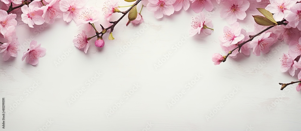 Fototapeta premium A copy space image with pink almond flowers in bloom forming a delicate frame on a blank sheet of paper