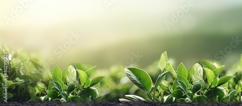 A background image featuring green leaves with granulated tea in the foreground providing copy space photo