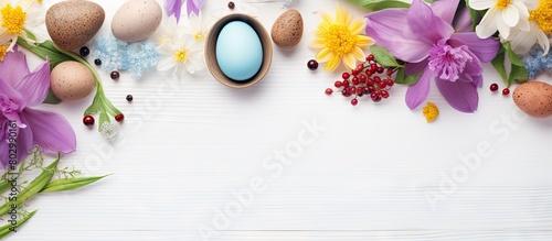 A festive Easter greeting card with a white background decorated with a border of vibrant spring flowers A cheerful white Easter egg is placed on a wooden background creating a beautiful spring theme