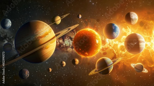 Illustrations of the solar system and its planets.