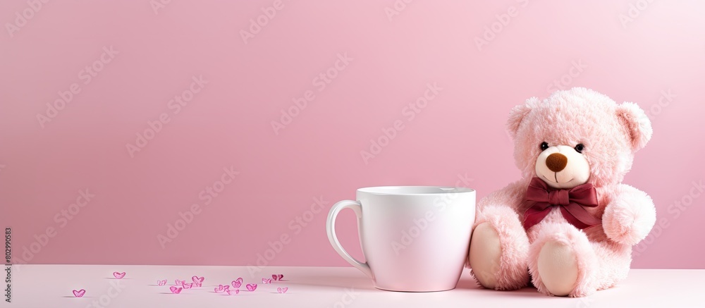 A charming teddy bear is sitting in a pristine white cup surrounded by a soft pink background leaving room for additional images or text