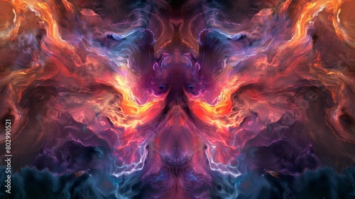 A vibrant nebula in space forms a mesmerizing symmetrical pattern with swirling colors of orange, blue, and purple, creating an abstract and cosmic work of art.