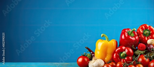 A copy space image featuring a colorful arrangement of red mini tomatoes bell peppers and pineapple against a vibrant blue backdrop photo
