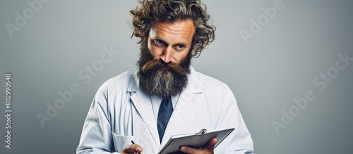 A bearded man either a ruthless Caucasian doctor or a stubbled hipster postgraduate student is seen wearing a medical gown He is holding a notebook with a pen and the background is a white studio cre photo