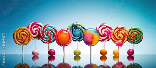 A copy space image featuring a vibrant arrangement of lollipops skillfully placed to form a visually appealing composition photo