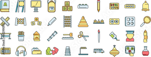 Early educations icons set outline vector. Baby learn. Read school thin line color flat on white