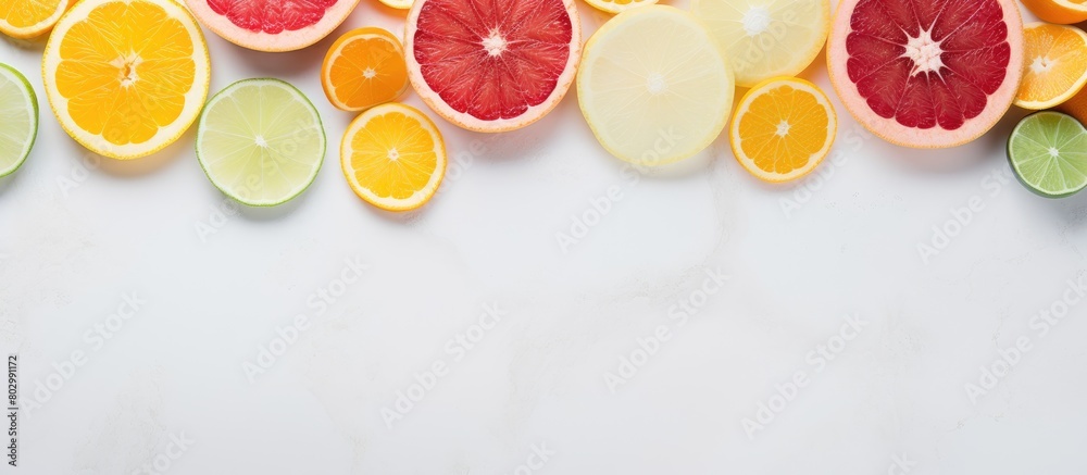 A copy space image of citrus slices including lemon and orange resting on a pristine white marble surface A copy space image of citrus slices including lemon and orange resting on a pristine white marble surface