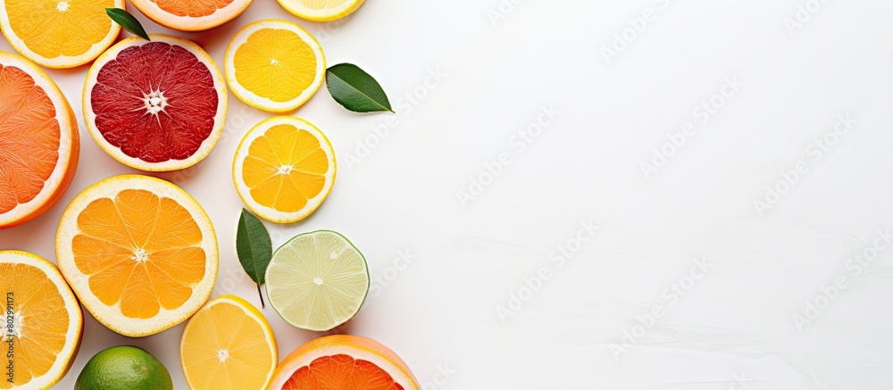 A copy space image of citrus slices including lemon and orange resting on a pristine white marble surface A copy space image of citrus slices including lemon and orange resting on a pristine white marble surface