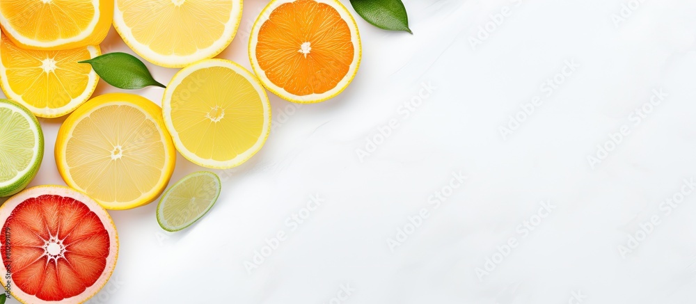 A copy space image of citrus slices including lemon and orange resting on a pristine white marble surface A copy space image of citrus slices including lemon and orange resting on a pristine white marble surface