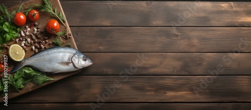 A copy space image featuring a table with a grey wooden surface adorned with a flat lay arrangement of a fresh dorada fish photo