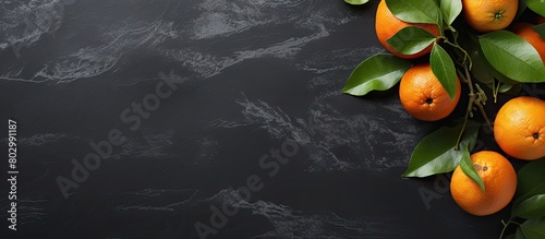 A close up copy space image of whole mandarins with leaves on a slate table top representing the concept of healthy eating and vegetarian food photo