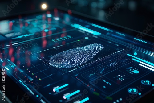 A fingerprint is being identified and measured on a touch screen in a dark room. Generative AI