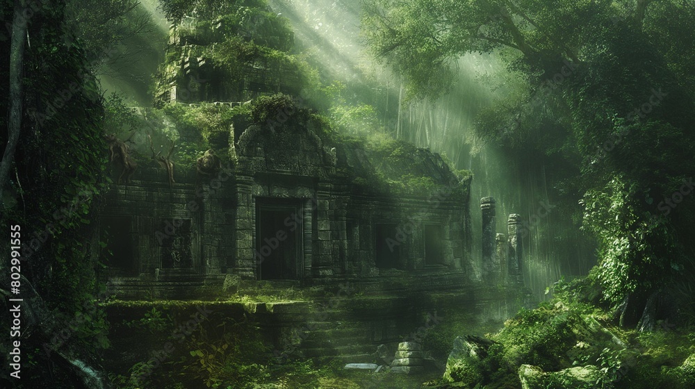 A mystical view of an ancient temple hidden deep within a lush, dense forest. A mystical view of an ancient temple hidden deep within a lush, dense forest.