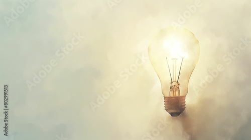 Glowing light bulb on a textured watercolor background. Conceptual art illustration.