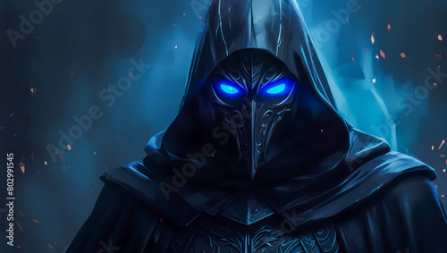 Mysterious and eerie villain wearing a black cloak and mask with frightening glowing blue eyes on a dark background photo