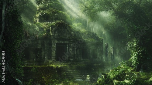 A mystical view of an ancient temple hidden deep within a lush  dense forest.