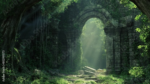 A mystical view of an ancient temple hidden deep within a lush, dense forest.