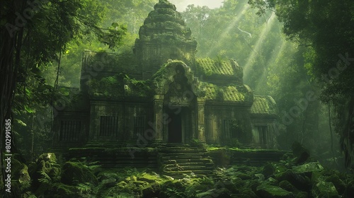 A mystical view of an ancient temple hidden deep within a lush  dense forest.