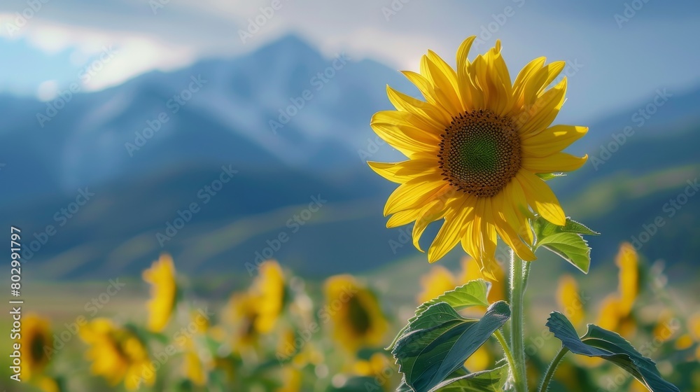 Fototapeta premium A field of sunflowers, with a close up of one sunflower in the foreground