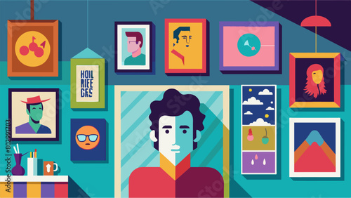 The walls are lined with colorful posters and memorabilia from the featured artist creating a nostalgic atmosphere. Vector illustration