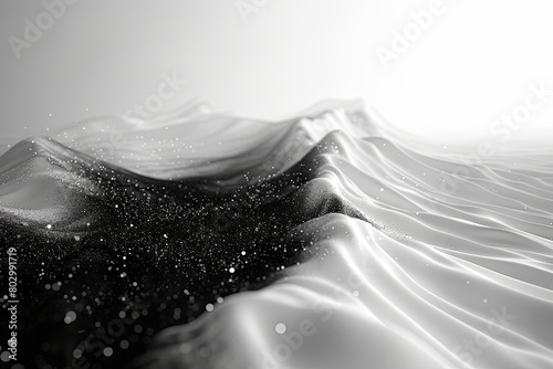 Black and white background of a mountain range with a white background. The image has a moody and mysterious feel to it