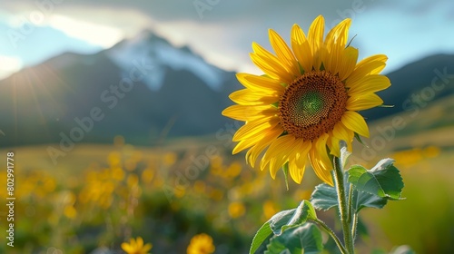 A field of sunflowers, with a single sunflower in the foreground photo