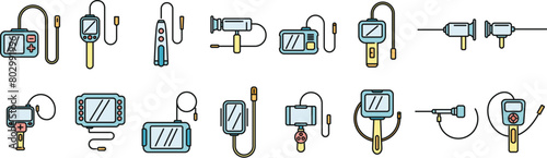 Endoscope icons set outline vector. Digestive gastric. Gastro examination thin line color flat on white