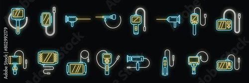 Endoscope icons set outline vector. Digestive gastric. Gastro examination neon color on black photo