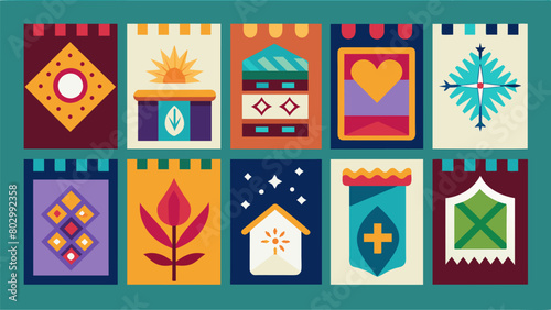 A display of quilts from previous workshops each one unique and filled with symbolism and meaning. Vector illustration