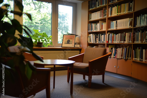 A study area in a psychoanalytic institute offers therapists and students access to extensive resources on psychoanalytic approaches